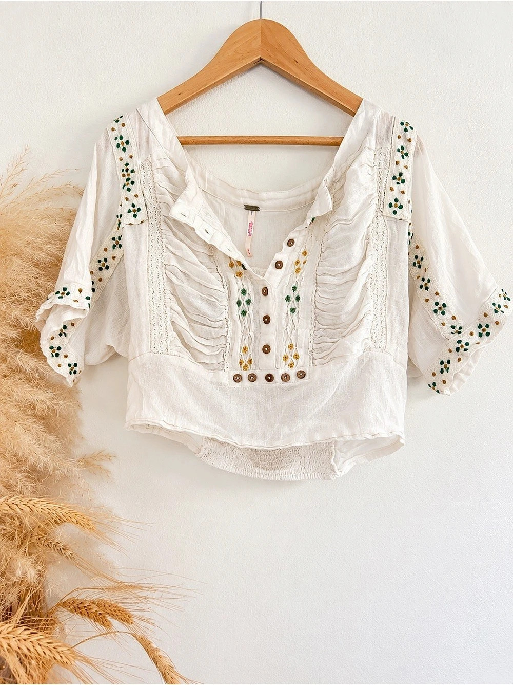 Free People Ivory Embroidered Smocked Boho Crop Top M